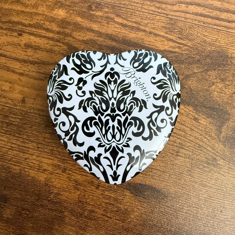 Brighton Heart Jewelry Tin Black White Damask Scroll Collectible Trinket Box